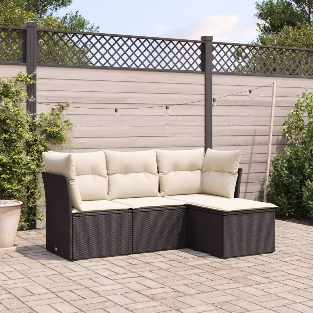 Set di divani da giardino vidaXL a forma di L con cuscini, nero e bianco, in rattan e metallo per esterno – 1