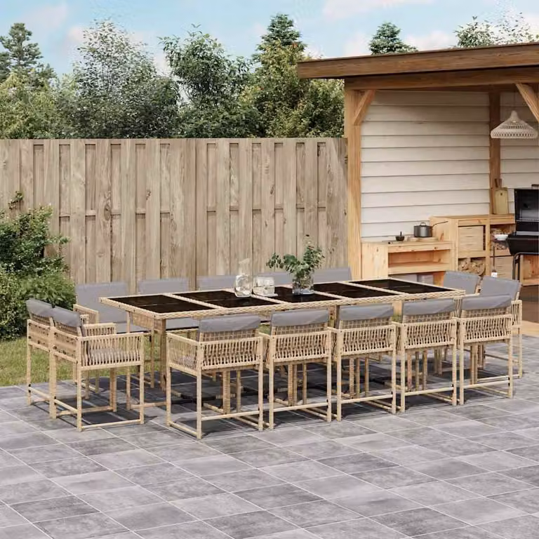 Set Pranzo da Giardino vidaXL in Polyrattan con Cuscini Beige, Nero e Grigio, 15 Pezzi