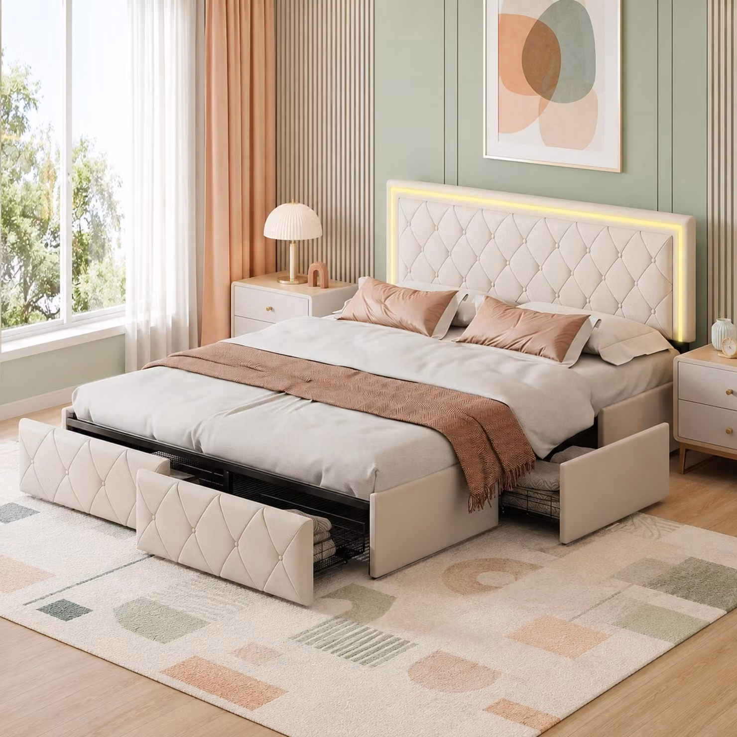 Letto imbottito matrimoniale INONEFT, 160x200 cm, con contenitore e 4 cassetti, struttura letto per ragazzi con rete a doghe, poggiatesta regolabile con LED, rivestito in PU, colore beige