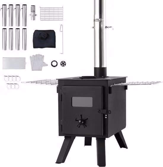 Stufa da campeggio portatile in legno - Stufa in acciaio portatile con tubi per il camino e guanti - Soluzione per cucinare e riscaldare all'aperto, con una capacità di 1400 cubici