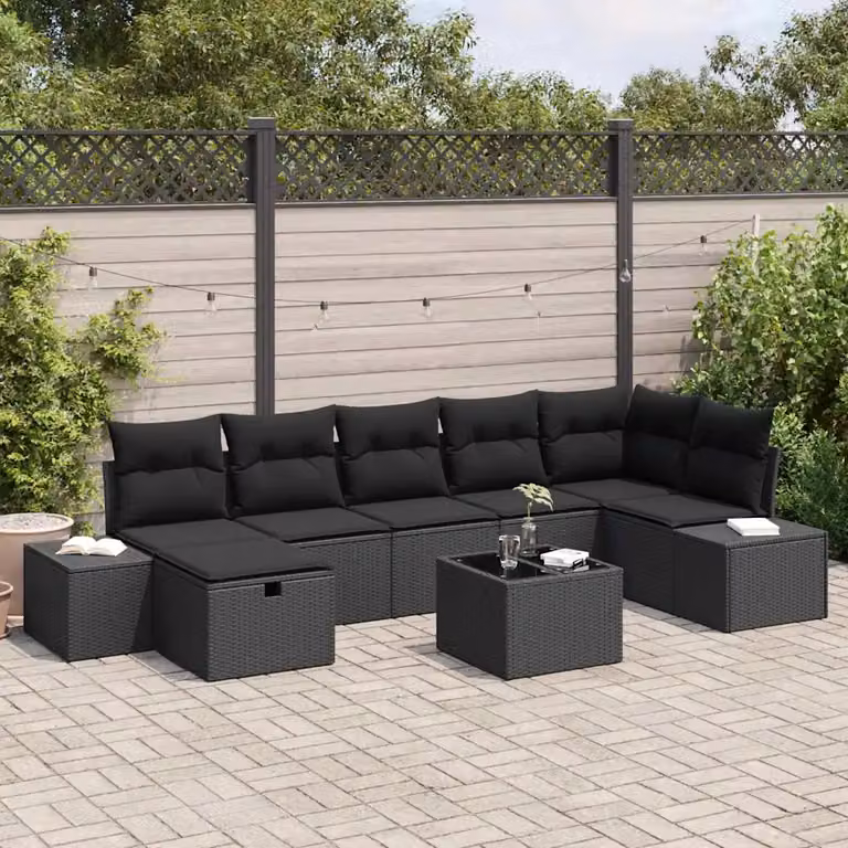 Set di divani da giardino vidaXL in rattan nero con cuscini e tavolino da esterno 8 pezzi