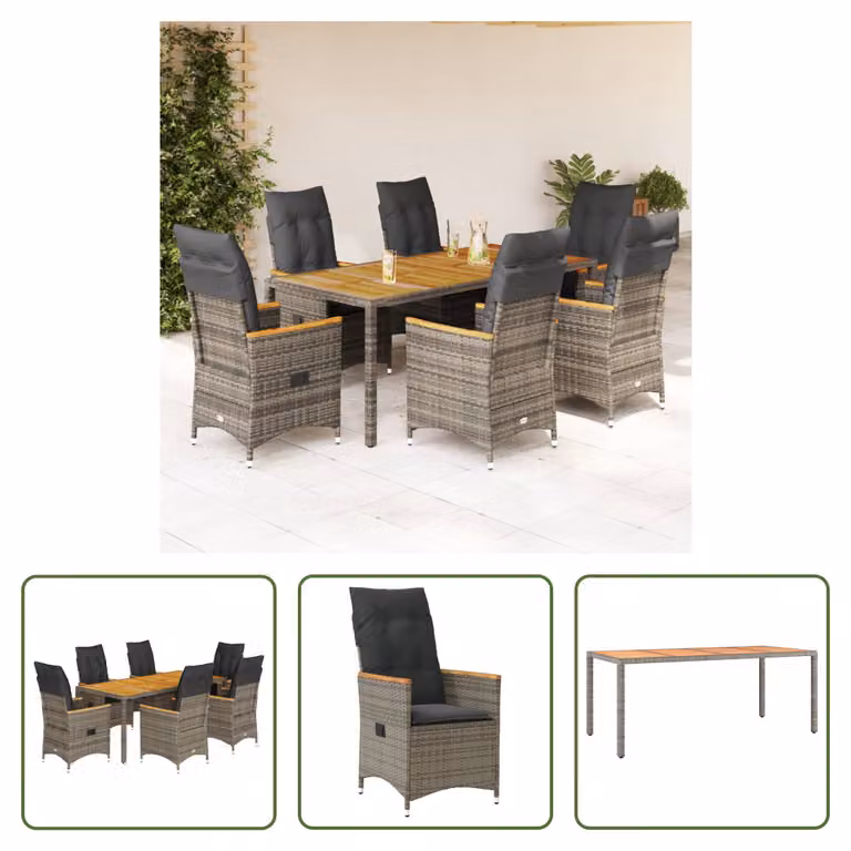 The Living Store Set da pranzo da giardino 7 pezzi con cuscini in poly rattan grigio