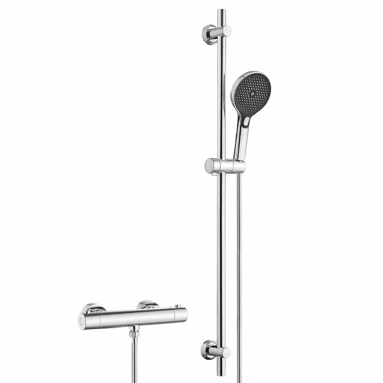 Sistema doccia JOHO con termostato – Set doccia in acciaio inossidabile con miscelatore, set con barra doccia e miscelatore termostatico, doccetta, barra doccia da 100 cm, cromato