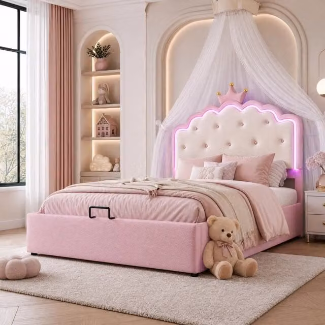 Letto imbottito a corona 140x200 cm con vano idraulico; rete a doghe e LED; rosa