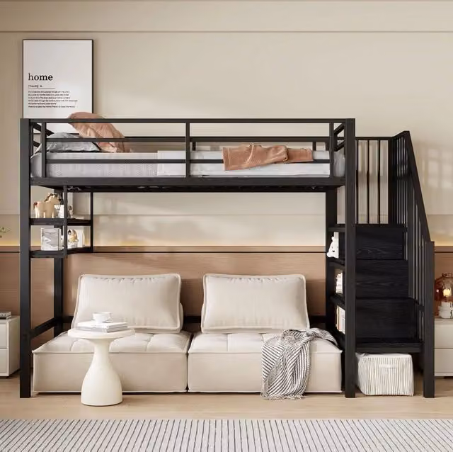 Letto a soppalco per bambini 90x200 cm nero con scaffali e scala contenitore
