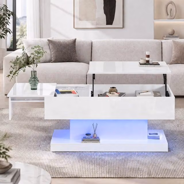 Tavolino da salotto ULEVR 100x50x45 cm con piano sollevabile idraulico, piano scorrevole, LED e vano contenitore bianco
