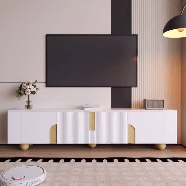 Mobile TV moderno REDOM con 4 ante, finitura bianco effetto legno e marmo, L: 180 cm, P: 40 cm, H: 44 cm