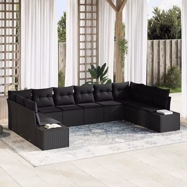 Set Divano da Giardino 10 pz 9-Numero di posti Nero Polyrattan 3355912