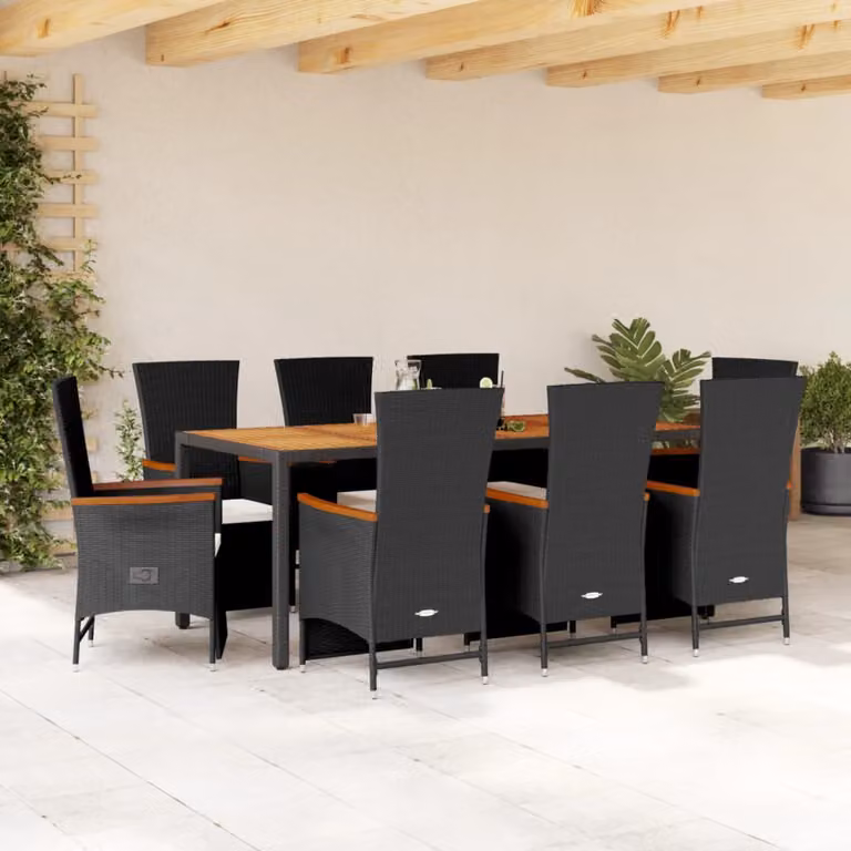 Set da pranzo da giardino vidaXL in polyrattan e legno di acacia con 9 pezzi e cuscini, nero e marrone
