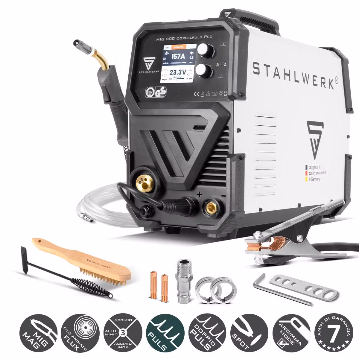 Saldatrice STAHLWERK MIG/MAG 200 a doppio impulso Pro - con 200 A, funzione a impulsi e doppio impulso, con capacità MMA (mano E), inclusa torcia di saldatura MIG/MAG AK25/MB25