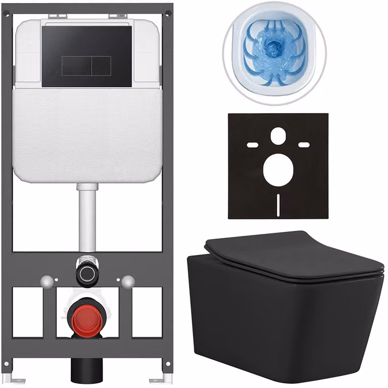 CERANO - Set WC da incasso Forte - nero opaco - pulsante Prime/Modulo, nero - sospeso - installazione pre-parete/cartongesso - 51x36 cm