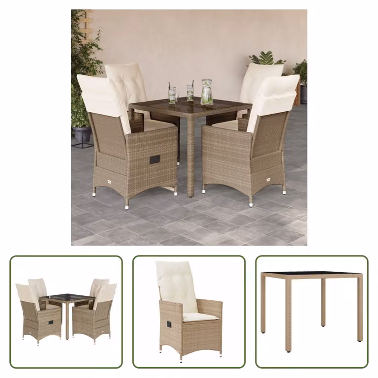 The Living Store Set da pranzo da giardino 5 pezzi con cuscini Beige poly rattan