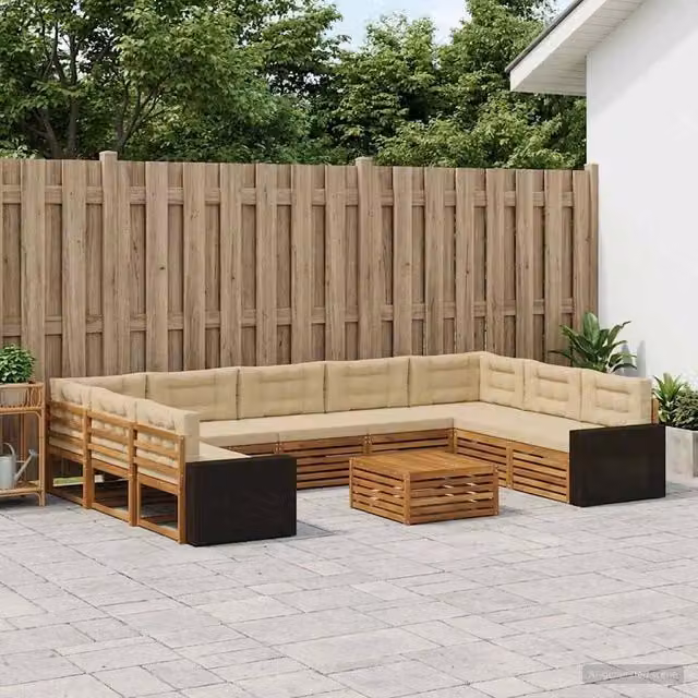 Set di divani da esterno a forma di U vidaXL in legno di acacia con tavolino da caffè e cuscini, colore beige e sabbia
