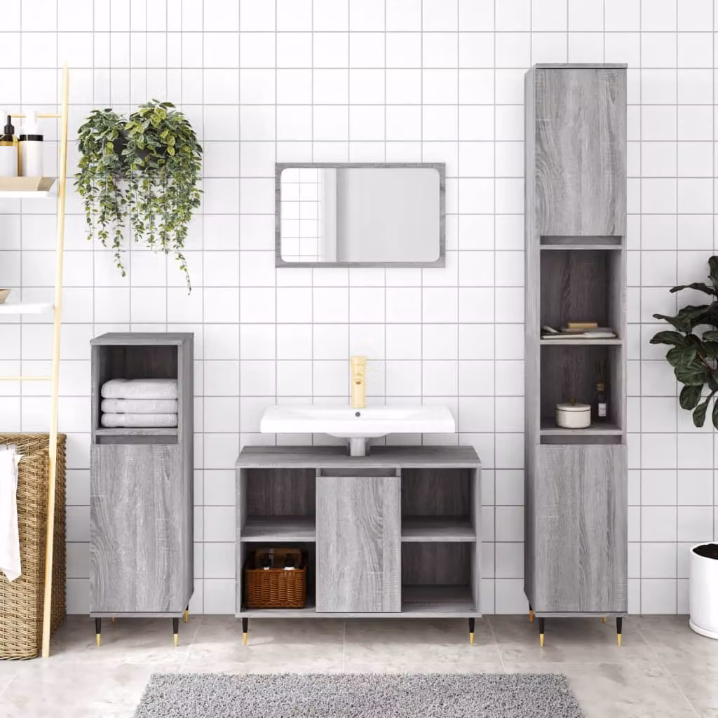 Set di mobili da bagno moderno vidaXL composto da 3 pezzi in legno e metallo, colore grigio opaco