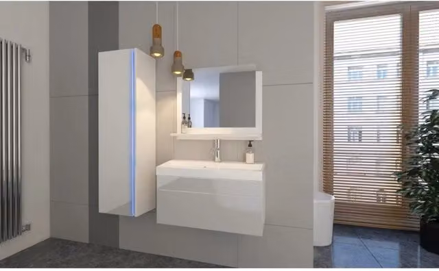 Set mobili da bagno collezione BIRD, colori bianco opaco e lucido con una colonna