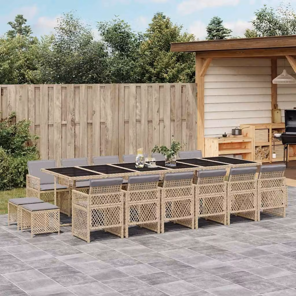 vidaXL Set da Pranzo da Giardino 17 pz in Polyrattan con Cuscini Beige e Grigio e Tavolo in Vetro – 1