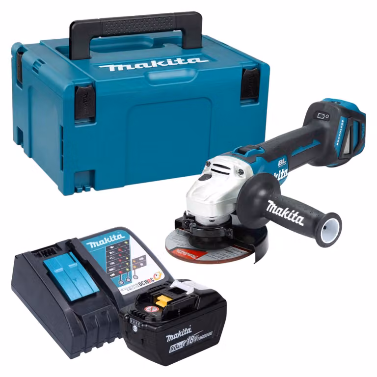 Smerigliatrice angolare a batteria Makita DGA 511 Z 18 V 125 mm Brushless + 1x batteria 9,0 Ah + caricabatterie + Makpac