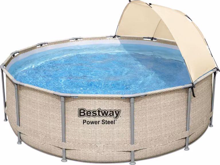 Bestway® Power Steel™ Frame Set completo di piscina con pompa filtro Ø 396 x 107 cm, aspetto rattan (ecru), rotondo
