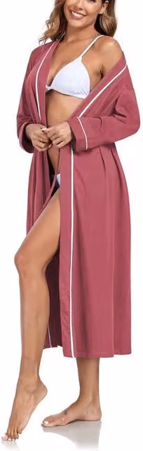 Badia da Bagno Donna Tela Lunga Badia Donna Leggera con Maniche Lunghe Kimono per Sauna con Tasche (Rosso Viola, S)