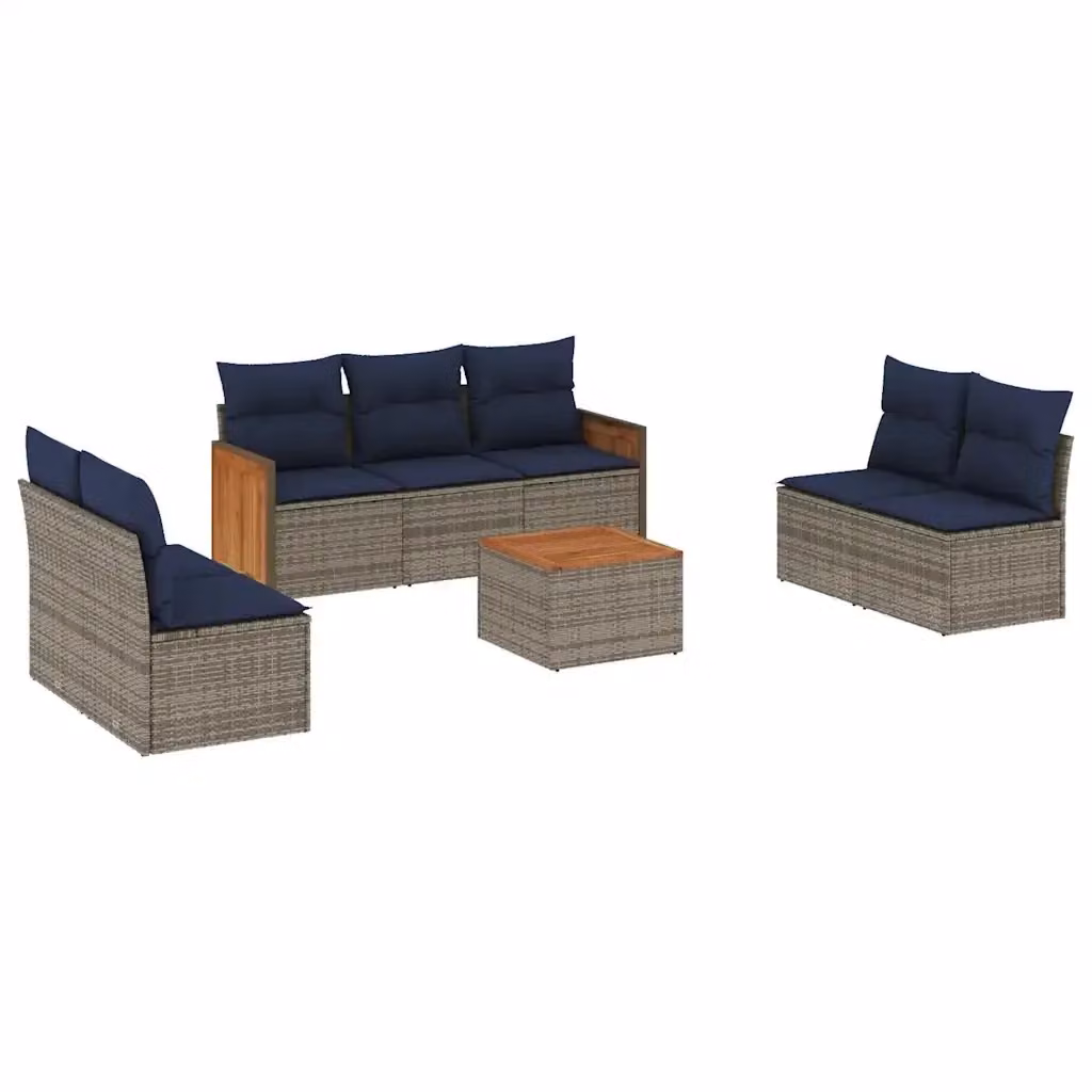 Set da giardino vidaXL in polyrattan a forma di U composto da 8 pezzi con cuscini grigi e blu e tavolino da caffè – 2