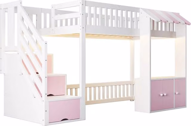 Letto a soppalco singolo Chicfurn con scala contenitore e illuminazione LED, rosa e bianco, L/P/H: 200 x 90 x 176,65 cm