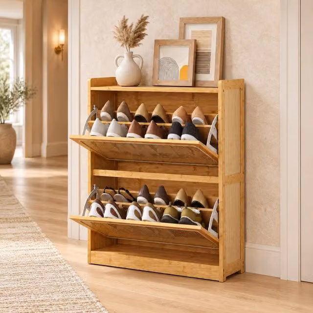 Scarpiera Mivray in bambù e rattan marrone con vani ribaltabili e ripiani interni, L: 69 cm, P: 29 cm, H: 83 cm