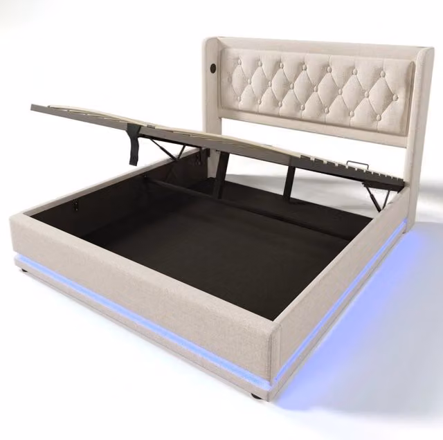 Letto imbottito matrimoniale 160x200 cm beige in cotone con contenitore idraulico, testiera con ricarica USB Tipo-C e illuminazione LED a 3 lati (senza materasso)