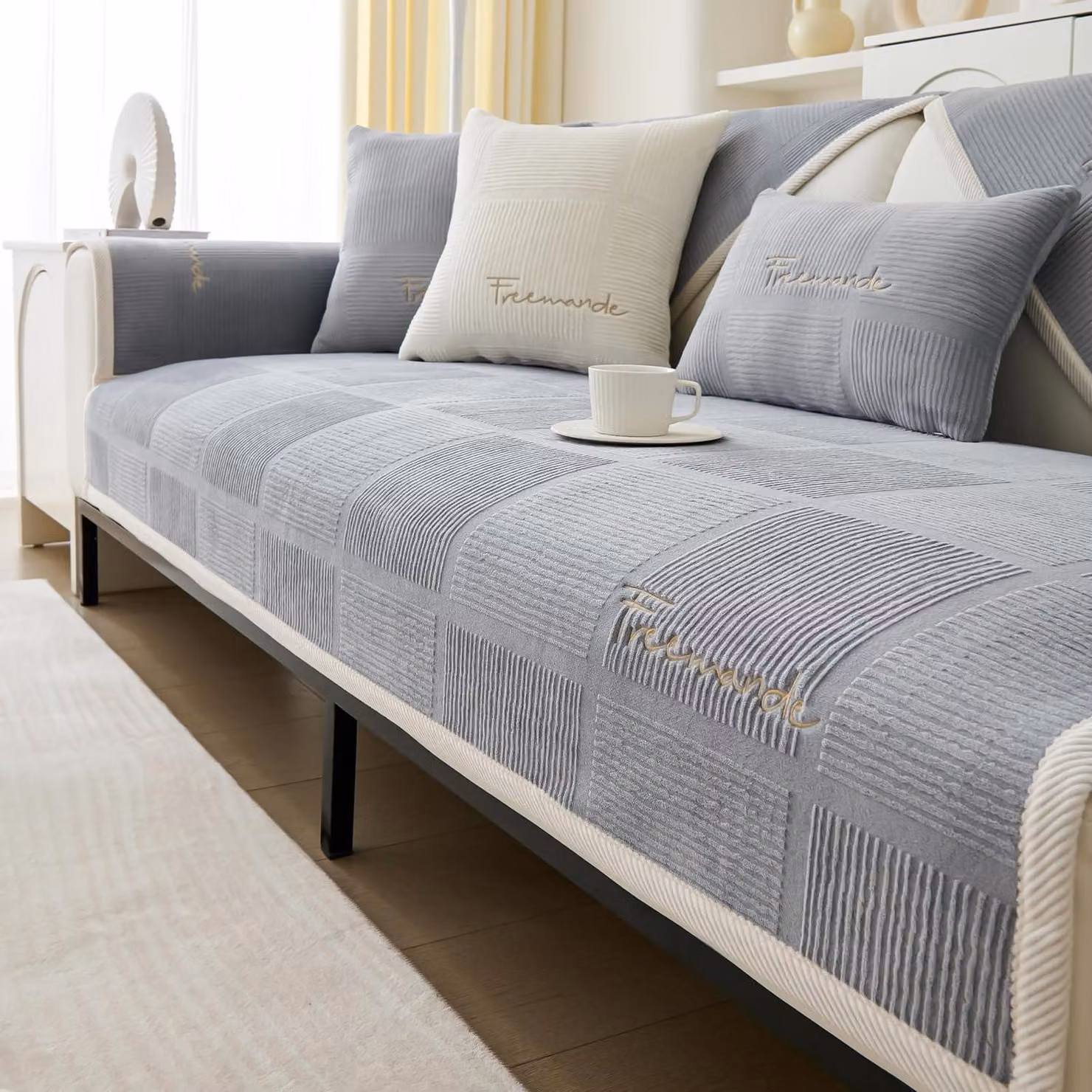 Copridivano grigio, 70 x 180 cm, in peluche corto, antiscivolo, per divani ad angolo a forma di L