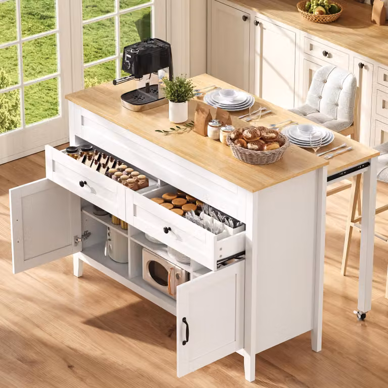 Isola da cucina MODFU con tavolo da pranzo estendibile su ruote, mobile da cucina bianco con 2 cassetti, carrello da cucina con ripiani aperti e vano contenitore chiuso
