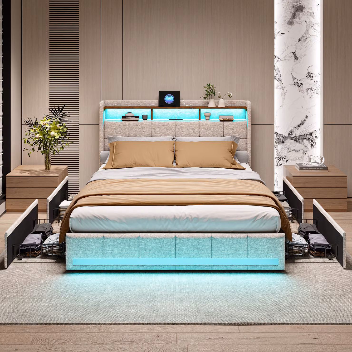 CDGlobal letto imbottito 140x200cm con USB e prese, letto per ragazzi letto matrimoniale con 4 cassetti, letto contenitore letto in legno massiccio con LED/tipo C e rete a doghe, lino, beige