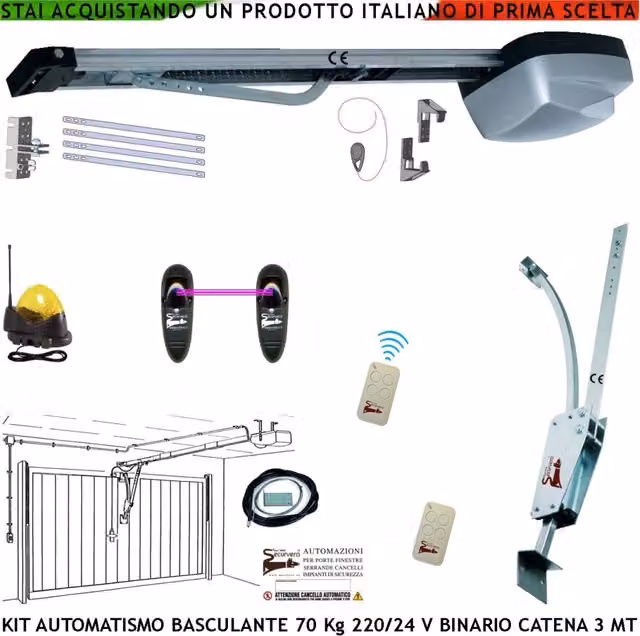Kit Automatismo per Cancello Basculante Securvera Cler fino a 70 Kg, Motore da Soffitto 220/24 V con Binario in Alluminio Argento, Catena in Acciaio, Cordino di 3 Metri e 2 Radiocomandi