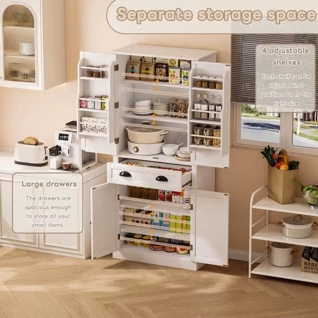 Credenza alta 182 cm in MDF bianco con 4 ante; 1 cassetto e ripiani regolabili