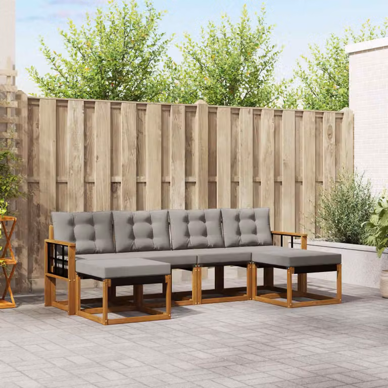 Set di divani da esterno vidaXL a forma di L composto da 6 pezzi in legno di acacia e tessuto textilene, colore beige e grigio con cuscini inclusi