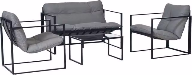 Set da Giardino 4 Pezzi con Divanetto, 2 Poltrone e Tavolino, in Acciaio, Poliestere e Cotone PP, Nero e Grigio