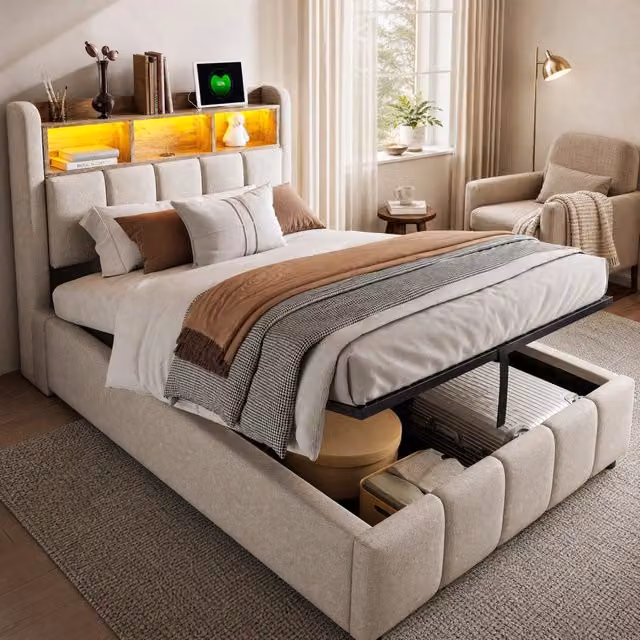 Letto imbottito 90x200 cm con LED; contenitore idraulico; USB e Type-C; beige