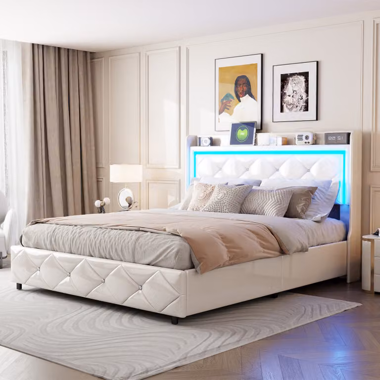 Letto imbottito 140x200 con illuminazione a LED e ricarica USB, letto matrimoniale idraulico con testata e rete a doghe, letto contenitore letto giovanile, PU, senza materasso (bianco, 140x200 cm)
