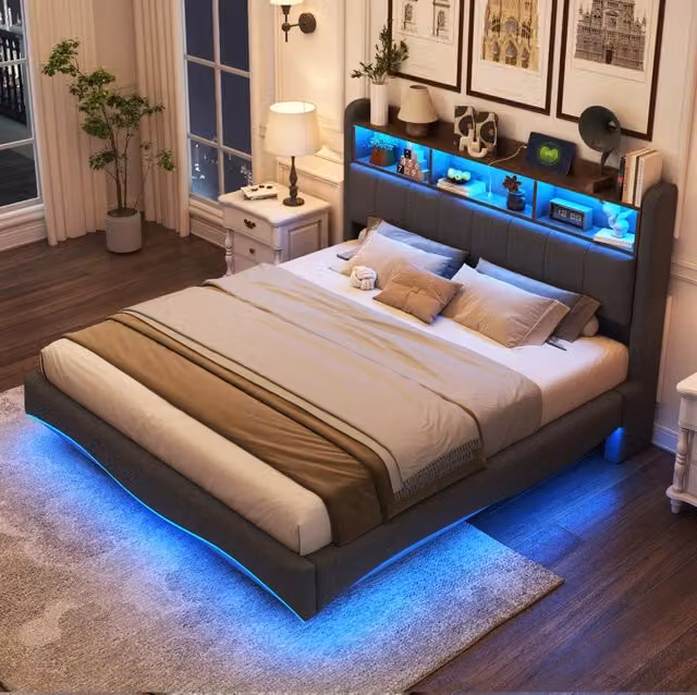 Letto imbottito sospeso 160x200 cm con LED; porte USB e Type-C; grigio