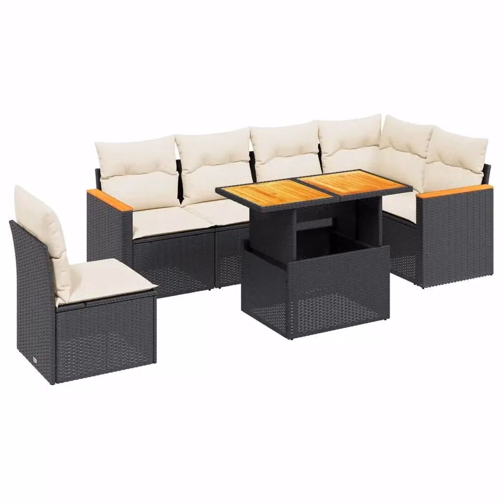 vidaXL Set Divani da Giardino a L con Cuscini 7pz in Polyrattan Nero e Legno di Acacia – 2
