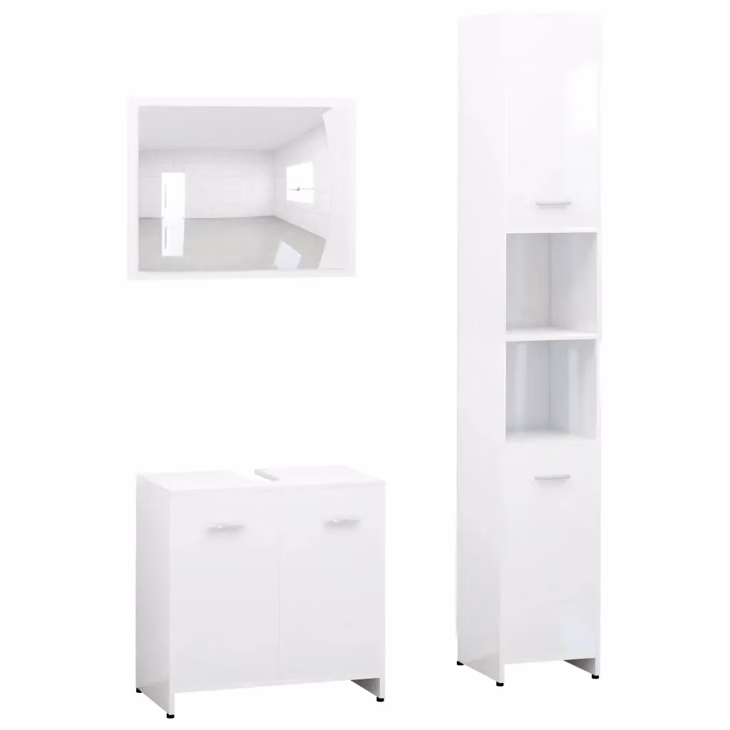 Set Mobili da Bagno Moderno vidaXL in Bianco Lucido composto da Mobile Alto, Mobile Lavabo e Armadietto con Specchio in MDF – 2