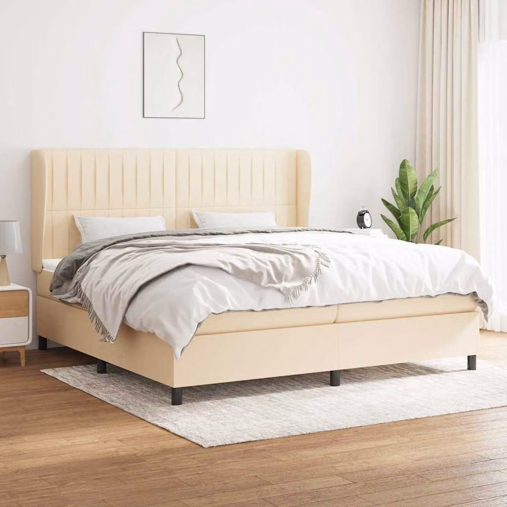 vidaXL Giroletto a Molle con Materasso Ibrido in Tessuto Beige e Bianco L/P/H: 200 x 200 x 203 cm