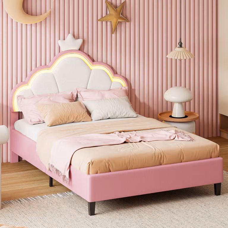 Letto UnboxG 90x200 con illuminazione LED, struttura letto 90x200 con rete a doghe, letto imbottito per giovani per camera da letto, camera degli ospiti, facile da montare, rosa, flanella, letto per ospiti 90x200