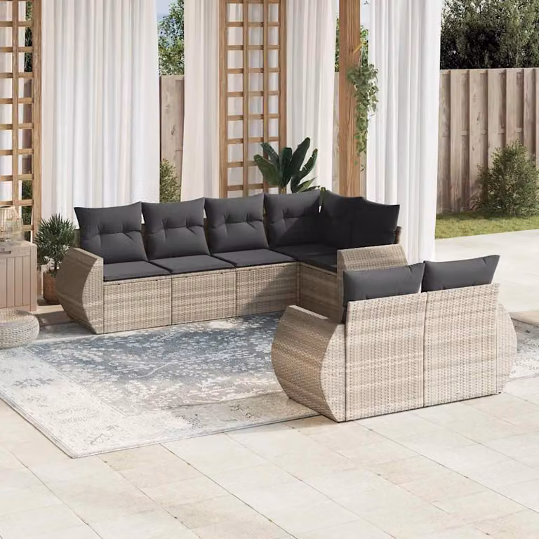 vidaXL Set Divani da Giardino 7 Pezzi in Polyrattan con Cuscini Grigio Chiaro