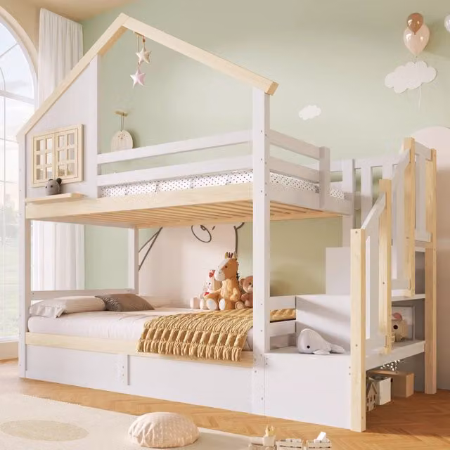Letto a castello 90x200 cm con contenitore idraulico e spondine in legno di pino bianco e naturale