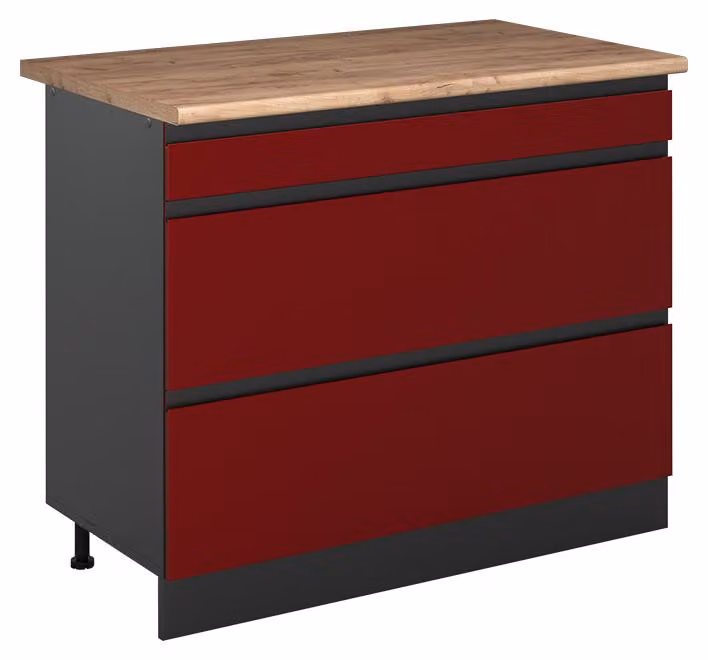 Mobiletto base per cucina Vicco R-Line Rosso/Antracite 100 cm piano di lavoro Rovere dorato, Model 71565