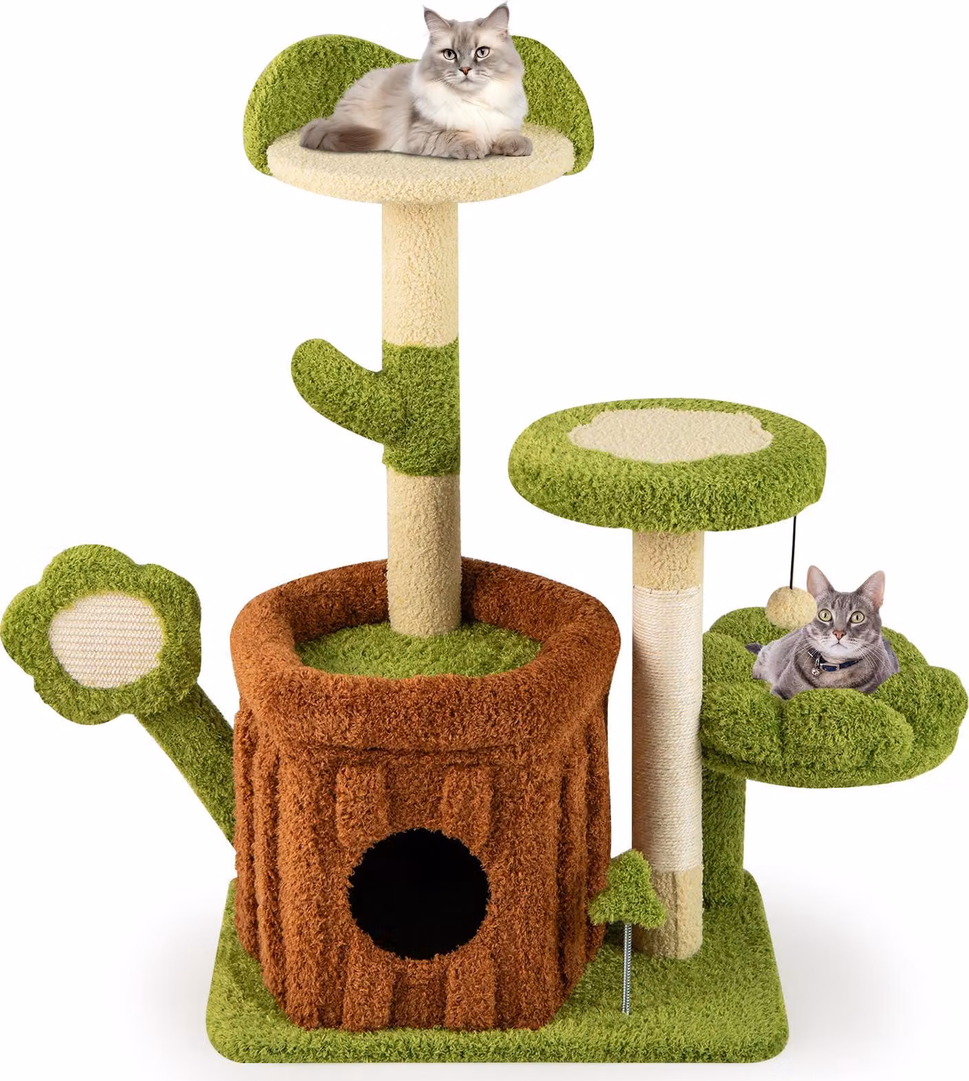 Tiragraffi COSTWAY, albero per gatti con grotta per gatti, piattaforme, letto per dormire, palla e tavola, tiragraffi per gatti, mobili per gatti, albero per arrampicarsi, verde + marrone 55x40x92 cm
