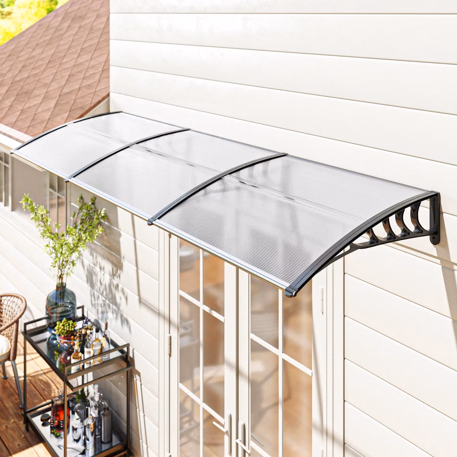Tenda per porta d'ingresso, forma arcuata, bianca, 90x295 cm, in policarbonato, con struttura in alluminio, per protezione esterna