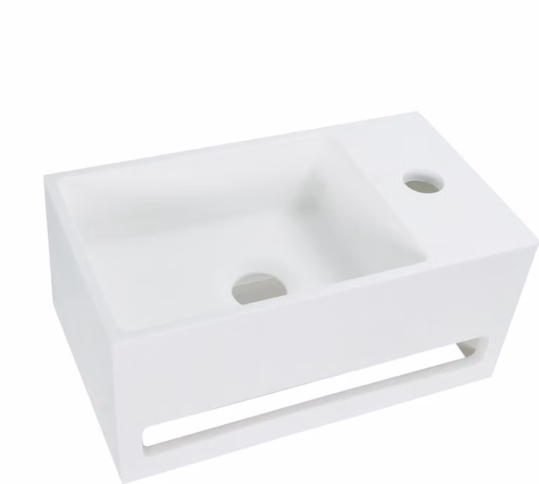 Lavabo in superficie solida + supporto per asciugamani, foro per rubinetto a destra, dimensioni 36x20x16 cm