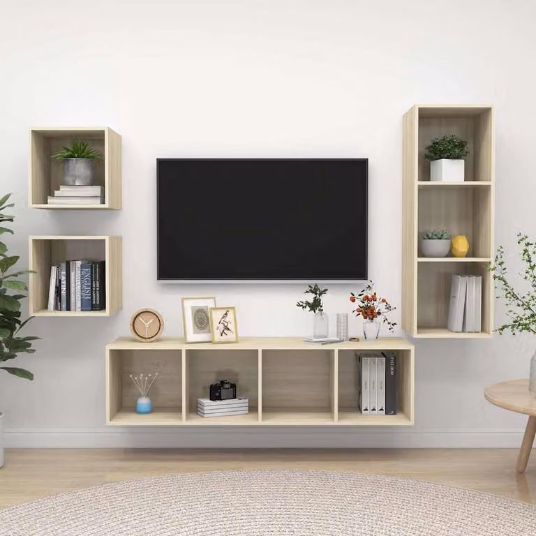 Set di mobili TV moderno vidaXL in legno MDF color rovere e beige, composto da 4 pezzi per il tuo soggiorno