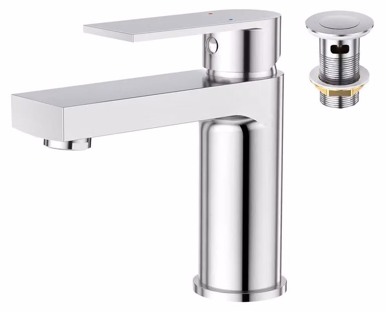 Miscelatore monocomando quadrato per lavabo, alta pressione, con sistema di scarico a scomparsa, in acciaio inossidabile cromato e lucido