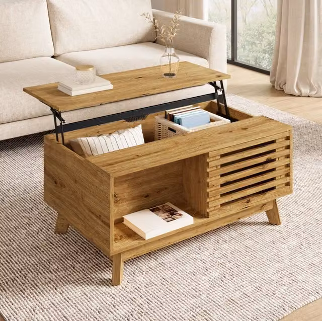 Tavolino da salotto con piano sollevabile 90x55 cm in MDF effetto legno naturale HAVRYA
